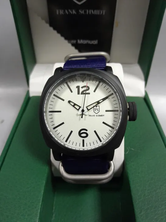 BOXED FRANK SCHMIDT WHITE PILOT DIAL WATCH WITH BLACK BEZEL & NAVY STRAP