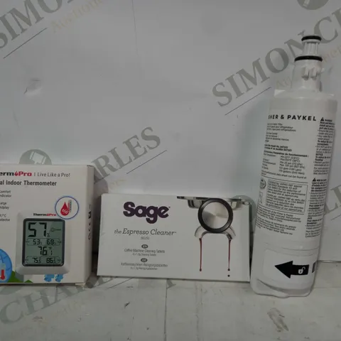 LOT OF APPROXIMATELY 10 ASSORTED HOUSEHOLD ITEMS TO INCLUDE FISHER & PAYKEL REFRIGERATOR ICE & WATER FILTER, SAGE COFFEE MACHINE CLEANING TABLETS, THERMOPRO DIGITAL INDOOR THERMOMETER, ETC