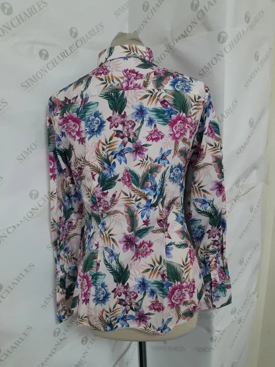 HAWES & CURTIS FITTED BIRD TROPICAL BLOUSE IN CREAM/PINK SIZE 10