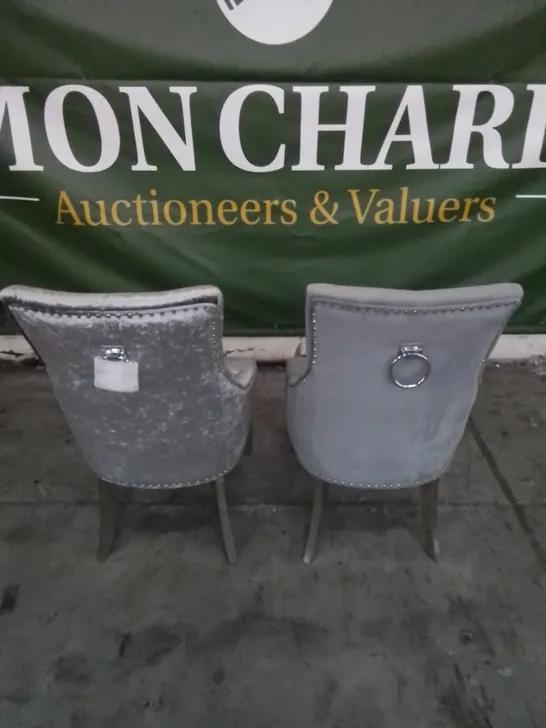 2 X DESIGNER LUXURY FABRIC STUDDED DINING CHAIRS // ONE CHAIR IN GREY, ONE CHAIR IN METALLIC GREY 