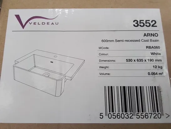 BOXED AS NEW VELDEAU ARNO 600MM SEMI RECESSED CAST BASIN IN WHITE