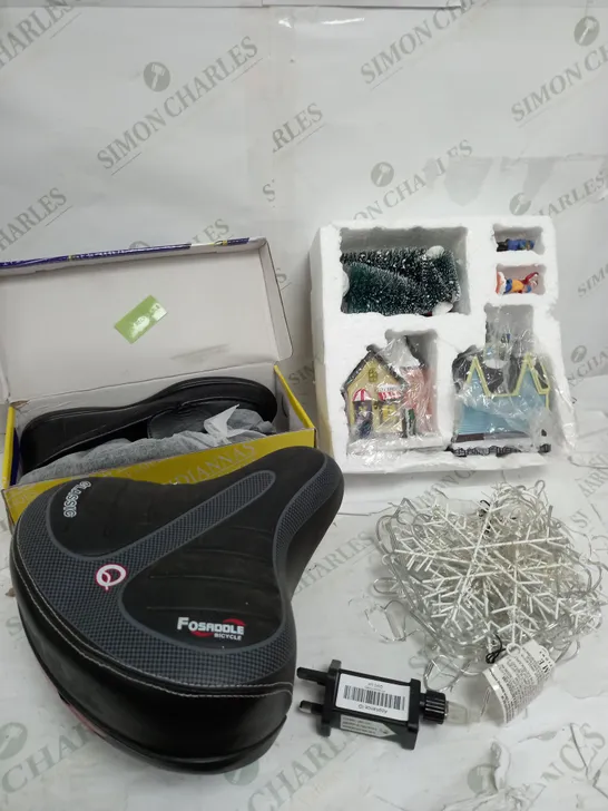 BOX OF APPROXIMATELY 10 ASSORTED ITEMS TOT INCLUDE CHRISTMAS DÉCOR, BIKE SEAT, SHOES ETC