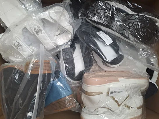 BOX OF APPROXIMATELY 15 ASSORTED PAIRS OF SHOES AND FOOTWEAR ITEMS IN VARIOUS STYLES AND SIZES TO INCLUDE SAFETY, SALOMON, ETC