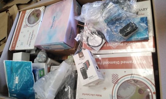 PALLET OF ASSORTED ITEMS INCLUDING PREFRAMED DIAMOND PAINTING KIT, 18 LED MAGNIFIER, BALL LIGHTS, USB TO HDMI CABLE, VACUUM CUP
