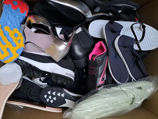 BOX OF APPROXIMATELY 15 ASSORTED PAIRS OF SHOES AND FOOTWEAR ITEMS IN VARIOUS STYLES AND SIZES TO INCLUDE ZARA, MARKSMAN, LK BENNETT, ETC