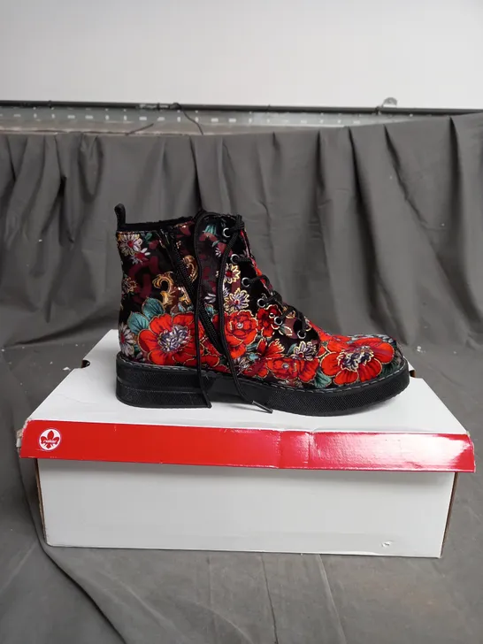 BOXED PAIR OF RIEKER LACE UP BOOTS MULTI/FLORAL PATTERN - SIZE 6 