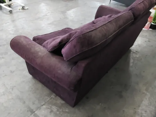 DESIGNER 2 SEATER SOFA UPHOLSTERED IN PURPLE FABRIC WITH CUSHIONS