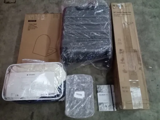 PALLET OF ASSORTED ITEMS INCLUDING 36" SMART TOWER FAN, SUITCASE, TOILET SEAT, ELECTRONIC HEATING BLANKET, NOTE BOOK, EGG CONTAINER