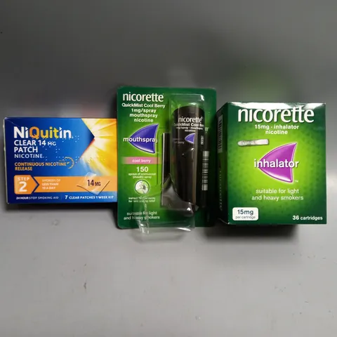 APPROXIMATELY 20 ASSORTED NICOTINE REPLACEMENT THERAPY PRODUCTS TO INCLUDE NICORETTE MOUTH SPRAY, NICORETTE INHALATOR, NIQUITIN PATCH