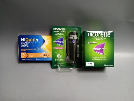 APPROXIMATELY 20 ASSORTED NICOTINE REPLACEMENT THERAPY PRODUCTS TO INCLUDE NICORETTE MOUTH SPRAY, NICORETTE INHALATOR, NIQUITIN PATCH