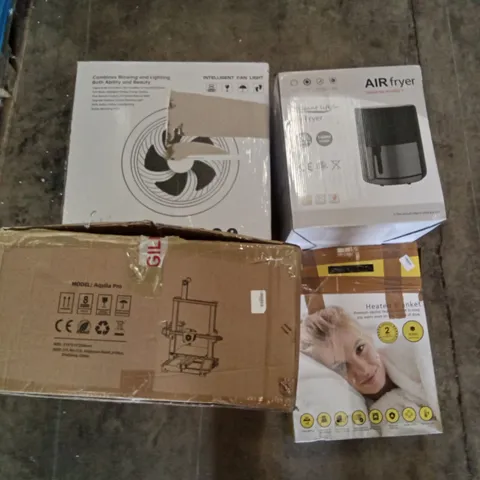 PALLET OF ASSORTED ITEMS INCLUDING INTELLIGENT FAN LIGHT, ELEGANT LIFE AIR FRYER, HEATED BLANKET, AQUILA PRO, JOYOUNG LENSES SERIES AIR FRYER