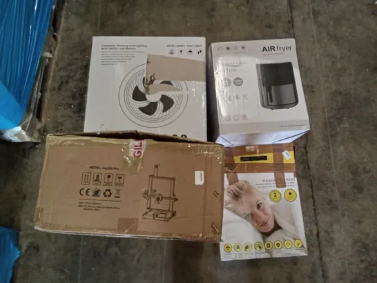 PALLET OF ASSORTED ITEMS INCLUDING INTELLIGENT FAN LIGHT, ELEGANT LIFE AIR FRYER, HEATED BLANKET, AQUILA PRO, JOYOUNG LENSES SERIES AIR FRYER