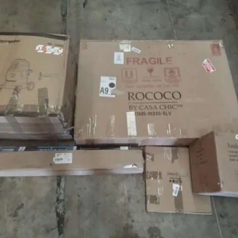 PALLET OF ASSORTED ITEMS INCLUDING ROCOCO BY CASA CHIC MIRROR, VACMASTER, AMISGLASS WIRE DECANTER, FABIAN CLARKE PHOTO FRAMES, DSEAP COAT RACK, ONE WAY WINDOW FILM