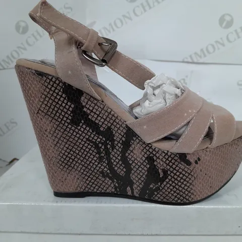BOXED PAIR OF KRUSH OPEN TOE STRAP PLATFORM SHOES IN MINK - SIZE 3