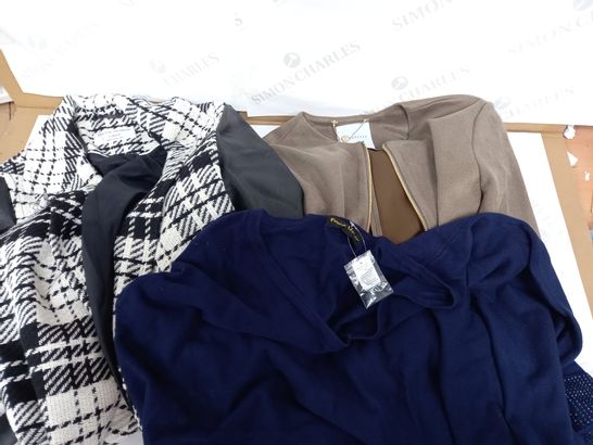 BOX OF APPROX 20 DESIGNER STYLE CLOTHING ITEMS TO INCLUDE RINO & PELLE BROWN JACKET, FRANK USHER BLUE TOP, HELENE BERMAN BLACK/WHITE JACKET (SIZE UNSPECIFIED)
