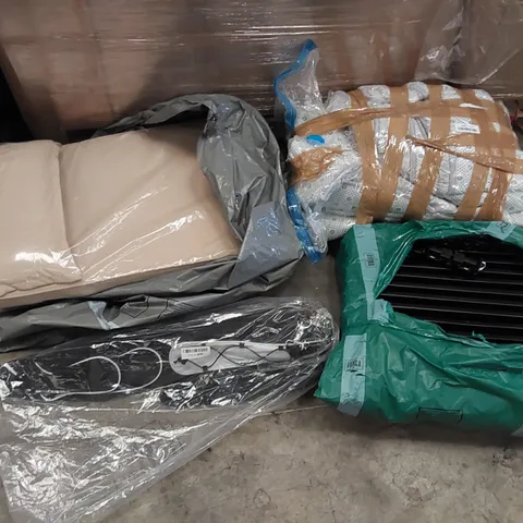 PALLET OF ASSORTED ITEMS INCLUDING: RADIATOR HEATER, BEDDING, CUSHIONS, GOLF BAG