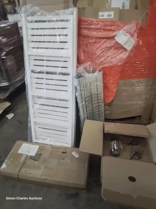 PALLET OF ASSORTED ITEMS TO INCLUDE, RHONE MIRROR, GLASS DINNER SET, FOLDING STAND, ELECTRIC HEATER.