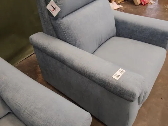 QUALITY ITALIAN DESIGNER LOUNGE SUITE, COMPRISING THREE SEATER SOFA, TWO SEATER SOFA & EASY CHAIR, LIGHT BLUE PLUSH FABRIC 