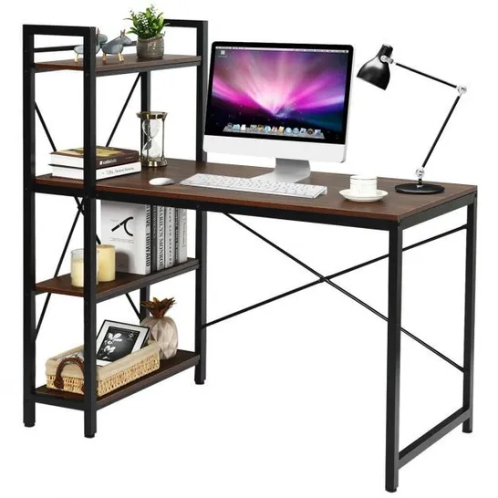 BOXED COSTWAY WOODEN COMPUTER DESK WRITING TABLE WITH 4-TIER REVERSIBLE BOOKSHELF - WALNUT