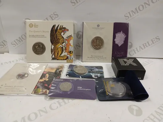 BOX TO CONTAIN APPROX. 7 X ASSORTED COLLECTORS & COMMEMORATIVE COINS. DESIGNS VARY 