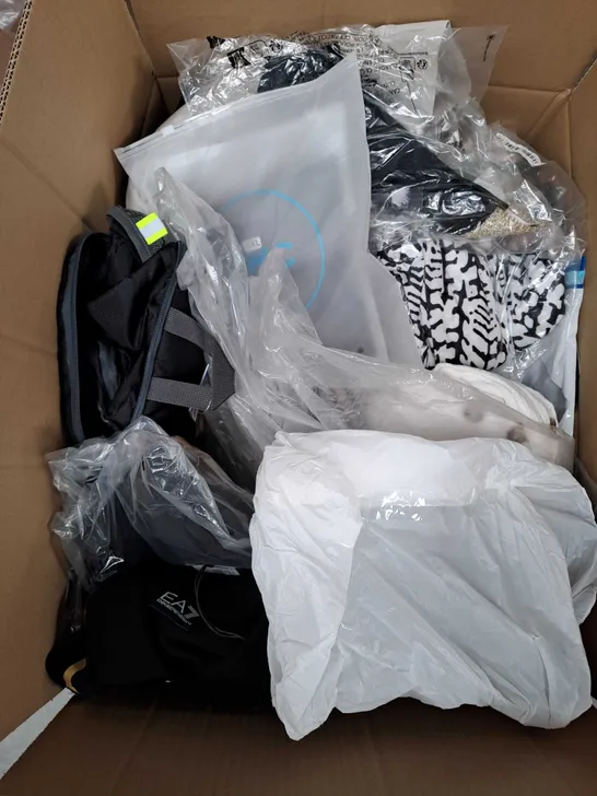 BOX OF APPROXIMATELY 25 ASSORTED CLOTHING ITEMS TO INCLUDE - JACKET, JOGGERS, SWIMWEAR ETC