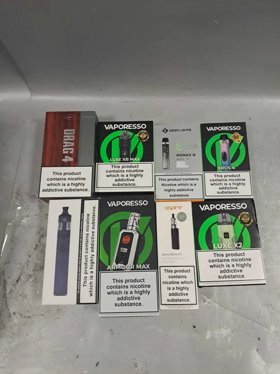 APPROXIMATELY 20 VAPES & E-CIGARETTES TO INCLUDE GEEKVAPE QPOD, VAPORESSO ARMOUR MAX, VOOPOO DRAG 4 ETC