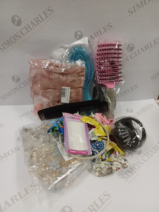 APPROXIMATELY 20 ASSORTED HAIR ACCESSORIES TO INCLUDE HAIRBANDS, CLIPS, BRUSHES, SCRUNCHIES ETC.   