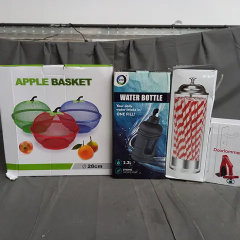 APPROXIMATELY 20 ASSORTED PRODUCTS TO INCLUDE APPLE BASKET, WATER BOTTLE, STRAW DISPENSER, DOOR JAMMER