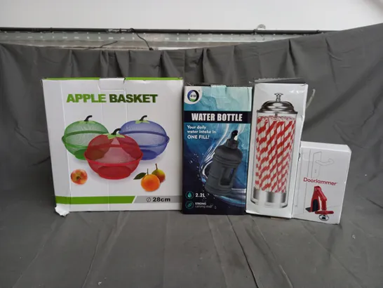 APPROXIMATELY 20 ASSORTED PRODUCTS TO INCLUDE APPLE BASKET, WATER BOTTLE, STRAW DISPENSER, DOOR JAMMER