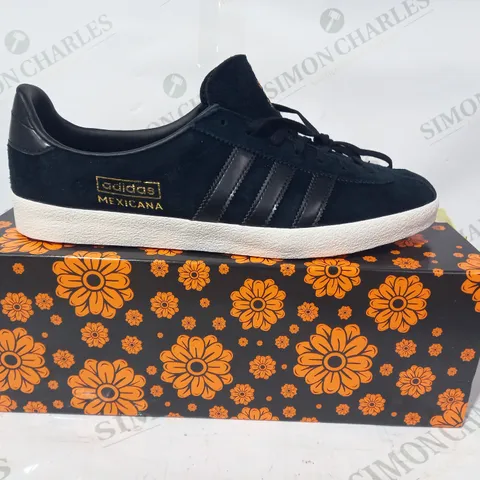 BOXED PAIR OF ADIDAS MEXICANA DOTD SHOES IN BLACK W. FLORAL DESIGN UK SIZE 9