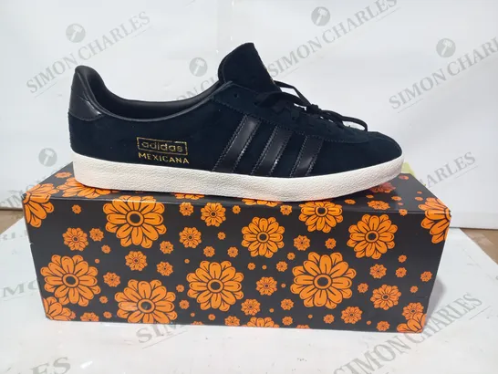 BOXED PAIR OF ADIDAS MEXICANA DOTD SHOES IN BLACK W. FLORAL DESIGN UK SIZE 9