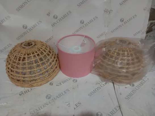 BOX OF 3 ASSORTED LAMP SHADED TO INCLUDE PINK AND WICKER 