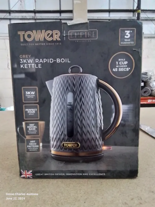 BOXED BRAND NEW TOWER EMPIRE COLLECTION GREY 3KW RAPID BOIL KETTLE 