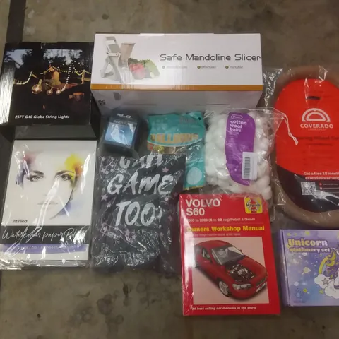 PALLET OF ASSORTED ITEMS INCLUDING SAFE MANDOLINE SLICER, STEERING WHEEL COVER, UNICORN STATIONERY SET, VOLVO OWNERS MANUAL, GLOBE STRING LIGHT, WATERCOLOUR PAPER 