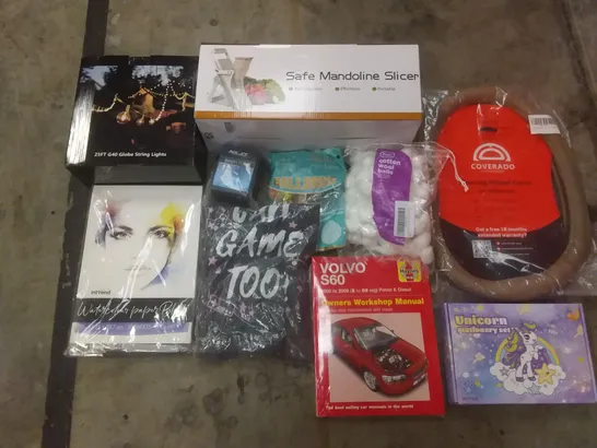 PALLET OF ASSORTED ITEMS INCLUDING SAFE MANDOLINE SLICER, STEERING WHEEL COVER, UNICORN STATIONERY SET, VOLVO OWNERS MANUAL, GLOBE STRING LIGHT, WATERCOLOUR PAPER 