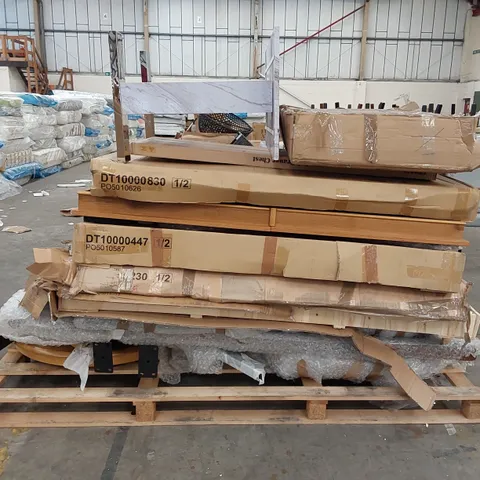 PALLET OF ASSORTED FURNITURE PARTS INCLUDING MOSTLY TABLE PARTS