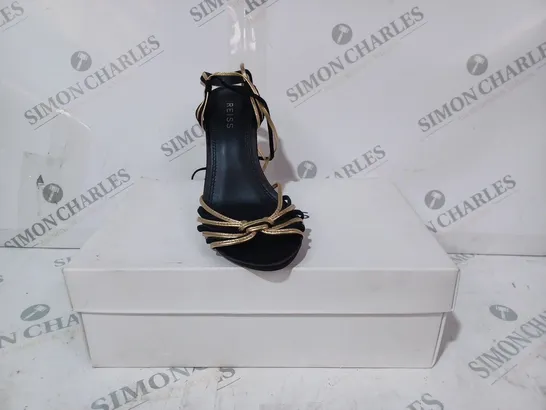 BOXED PAIR OF REISS CASSIDY STRAPPY HEELS IN BLACK/GOLD UK SIZE 4