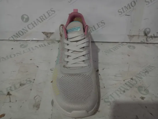 BOXED PAIR OF SKECHERS TRAINERS IN WHITE/PINK/BLUE/YELLOW UK SIZE 6