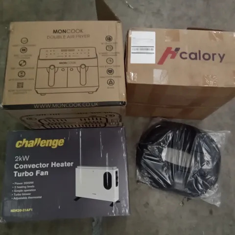 PALLET OF ASSORTED ITEMS INCLUDING MONCOOK DOUBLE AIR FRYER, CHALLENGE CONVECTOR HEATER TURBO FAN, H CALORY CAR HEATER, DONUT CUSHION, PREMIUM AIR BED, VACUUM CLEANER