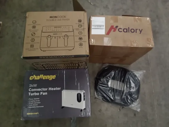 PALLET OF ASSORTED ITEMS INCLUDING MONCOOK DOUBLE AIR FRYER, CHALLENGE CONVECTOR HEATER TURBO FAN, H CALORY CAR HEATER, DONUT CUSHION, PREMIUM AIR BED, VACUUM CLEANER