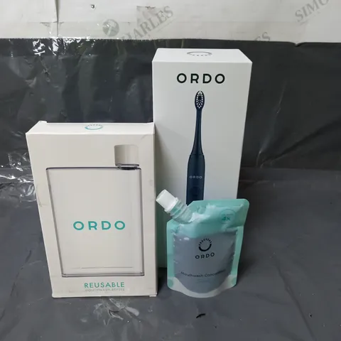 ORDO SONIC ELECTRIC TOOTHBRUSH WITH A REUSABLE MOUTHWASH BOTTLE AND MOUTHWASH CONCENTRATE