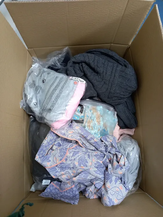 BOX OF ASSORTED CLOTHING ITEMS TOO INCLUDE JUMPERS, SHIRTS AND TROUSERS IN VARIOUS SIZES AND COLOURS   