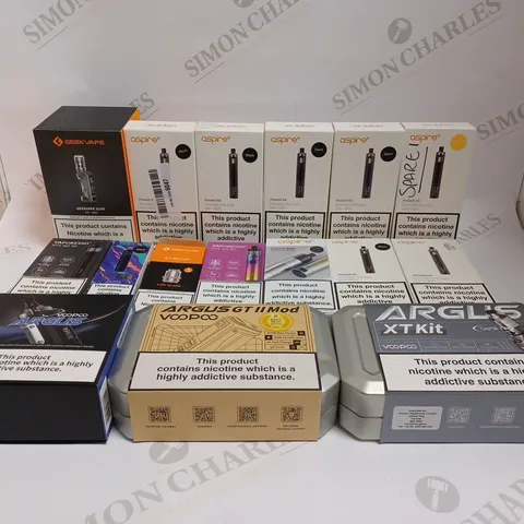 BOX OF APPROXIMATELY 30 E-CIGARETTE PRODUCTS TO INCLUDE ASPIRE POCKEX, ARGUS XTKIT, GEEKVAPE S100 ETC