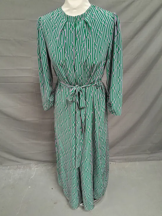 LK BENNET TIE WAIST PLEAT DETAIL MIDAXI DRESS IN GREEN/PURPLE STRIPE SIZE 10