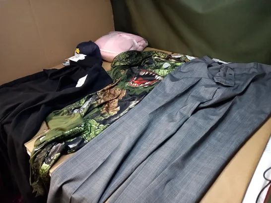 BOX OF APPROXIMATELY 20 CLOTHING ITEMS TO INCLUDE A PAIR OF CASUAL TROUSERS, A DINOSOUR PJ AND A UNDERWEAR/SOCK SET