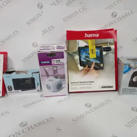 BOX OF APPROX 30 ASSORTED ITEMS TO INCLUDE - HAMA FM FRANSMITTER WITH BLUETOOTH HANDS FREE - HAMA UNIVERSAL HEADSET HOLDER - STATUS USB CUBE SOCKET ECT