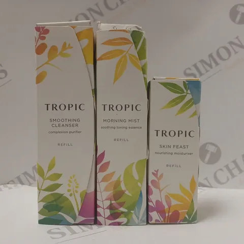 BOX OF 3 ASSORTED TROPIC REFILL PRODUCTS TO INCLUDE SMOOTHING CLEANSER COMPLEXION PURIFIER, MORNING MIST SOOTHING TONING ESSENCE, SKIN FEAST NOURISHING MOISTURISER