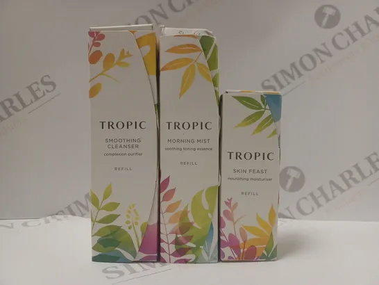 BOX OF 3 ASSORTED TROPIC REFILL PRODUCTS TO INCLUDE SMOOTHING CLEANSER COMPLEXION PURIFIER, MORNING MIST SOOTHING TONING ESSENCE, SKIN FEAST NOURISHING MOISTURISER