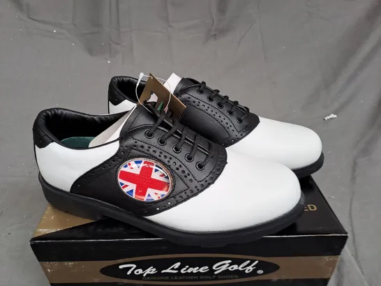 BOX OF APPROXIMATLY 12 BLACK AND WHITE TOP LINE GOLF SHOES IN VARIOUS SIZE 