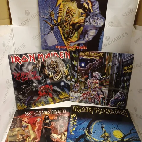 BOX OF APPROX 5 IRON MAIDEN VINYLS INCLUDING THE NUMBER OF THE BEAST, SOMEWHERE IN TIME, DANCE OF DEATH